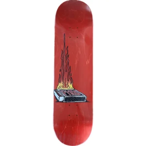 Red skateboard deck featuring a cartoon image of a matchbook on fire near the bottom
