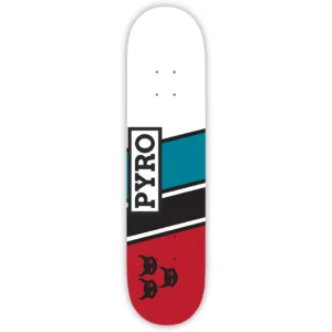 Skateboard deck design with white top, teal and black diagonal panels, vertical PYRO logo, and red bottom with black flame-like graphics.