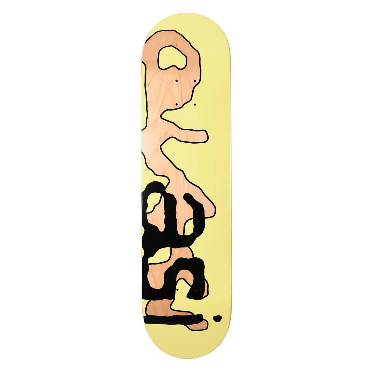 Yellow skateboard deck with an abstract pink silhouette outlined in black against a pale yellow background, wood grain visible in the pink area.
