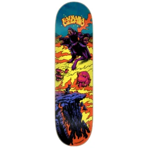 Colorful skateboard deck with a comic-style hellscape: a three-headed dog and a menacing red demon head on a fiery cliff scene.