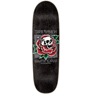 Skateboard deck with a dark floral background, central red rose and skull, and 'Dressen' title with Santa Cruz branding.