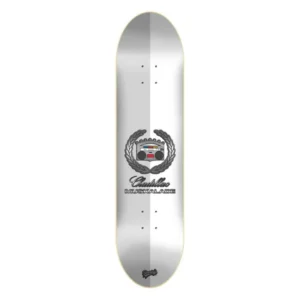 White skateboard deck with a symmetrical gray center stripe and a crest logo framed by a laurel wreath in the middle.