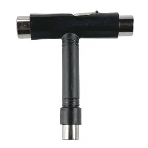 T-shaped black connector with metal barrel ends and a vertical central shaft; a coaxial power/cable adapter.