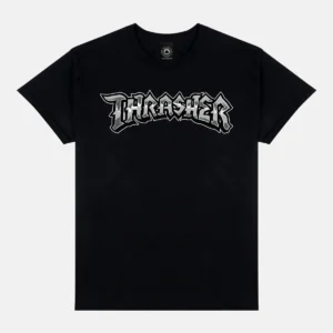 Black T-shirt featuring a bold white and gray Thrasher logo across the chest, short sleeves, crew neck (informative apparel item).