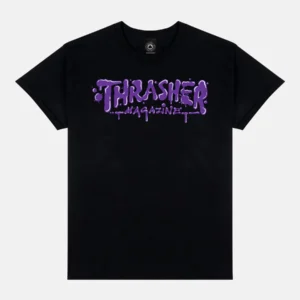 Black T-shirt with a purple dripping 'Thrasher Magazine' graphic at chest level (informational product image)