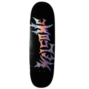 Black skateboard deck with a multicolored abstract design along the lower portion