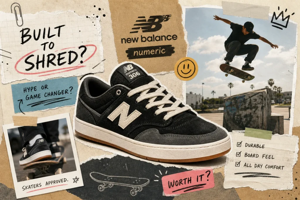 Collage advertisement for New Balance skate shoe: black NB sneaker at center, skateboarder jumping in background, with notes about durability and comfort.