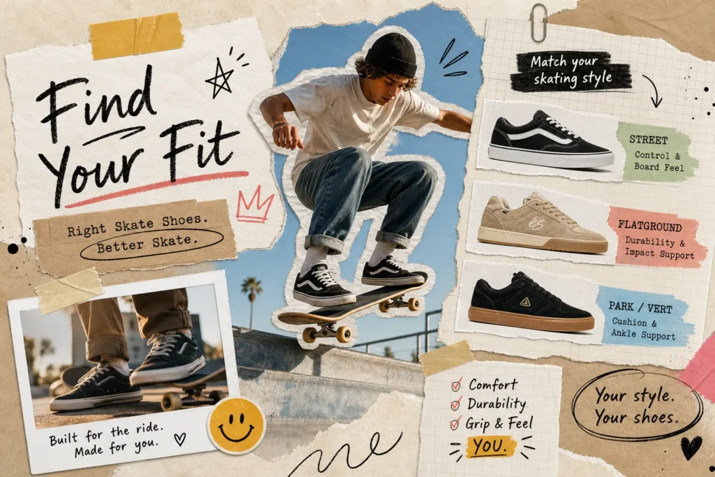A collage-style ad for skate shoes showing a skateboarder mid‑air, with multiple shoe designs and handwritten slogans like 'Find Your Fit'.