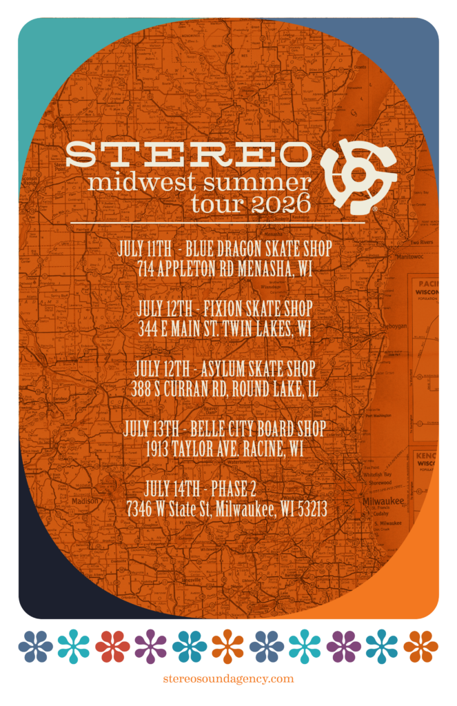 Poster-style event flyer for the Stereo Midwest Summer Tour 2016 with an orange map background, teal/blue curved shapes, and white tour dates/venue text; bottom border of colorful flower motifs and stereosoundagency.com