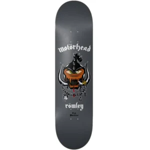 Skateboard deck with a dark gray gradient featuring the Motörhead logo and a stylized demonic mascot with chains under it.