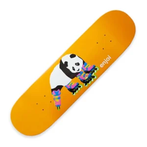 Orange skateboard deck with a panda graphic wearing colorful sneakers on a bright orange background.