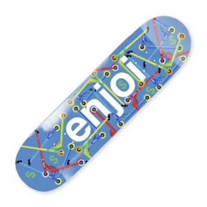 Blue skateboard deck with colorful interwoven lines and dollar-sign motifs on a blue background, decorative design for skating.