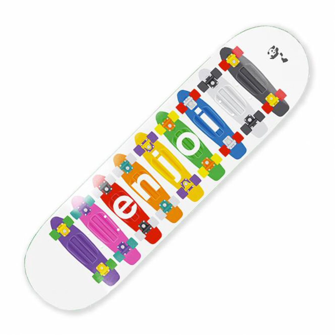 Colorful skateboard deck with rainbow letters spelling 'enjoy' and small robot graphics along the trucks.
