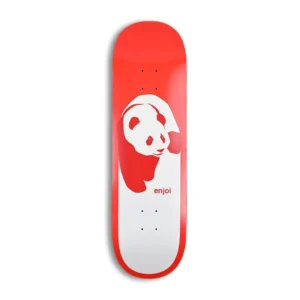 Red skateboard deck with a white panda graphic and the Enjoi logo on a red-and-white design.
