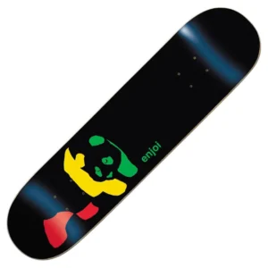 Black skateboard deck with a colorful panda logo in yellow, green, and red and the 'enjoi' brand text.