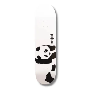 White skateboard deck with a black panda graphic along the lower half and 'enjoi' printed vertically on the right.