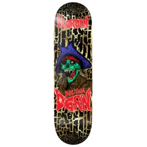 Skateboard deck with a green zombie pirate in a blue hat and red bandana, set against a gold-black textured background and red 'Hardin Dern' text.