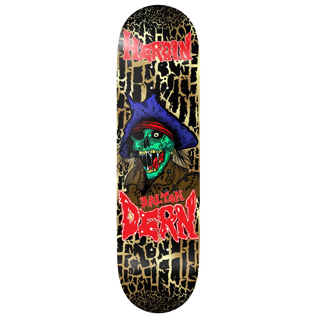Skateboard deck with a green zombie pirate in a blue hat and red bandana, set against a gold-black textured background and red 'Hardin Dern' text.