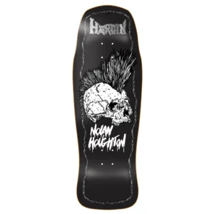 Black skateboard deck with a white skull and tall mohawk, framed by barbed wire, plus bold stylized text at the top and bottom.