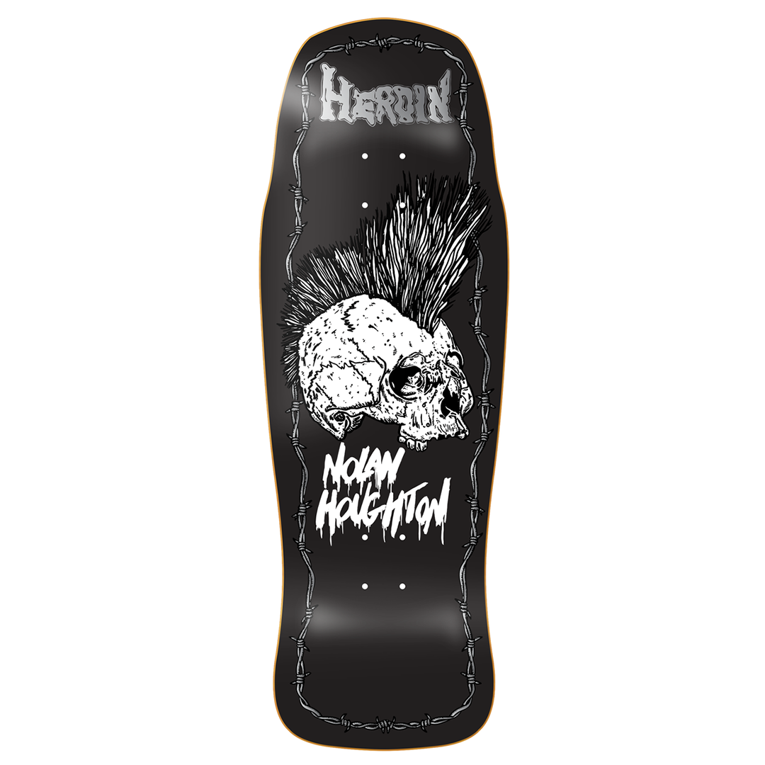 Black skateboard deck with a white skull and tall mohawk, framed by barbed wire, plus bold stylized text at the top and bottom.
