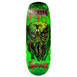 Neon green skateboard deck with a three-eyed monster in the center, red drips, and the word 'HEROIN' at the top with stylized red text at the bottom.