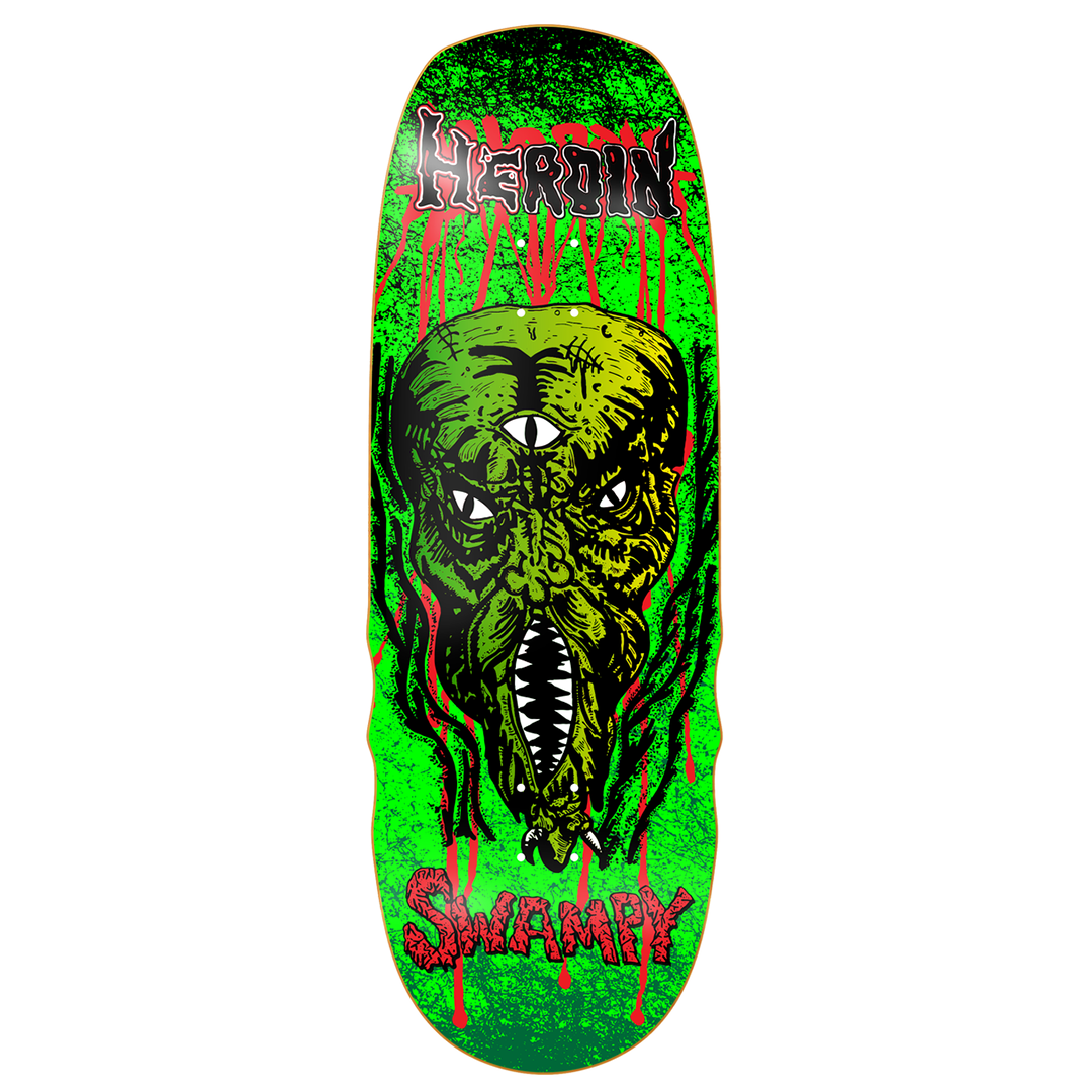 Neon green skateboard deck with a three-eyed monster in the center, red drips, and the word 'HEROIN' at the top with stylized red text at the bottom.