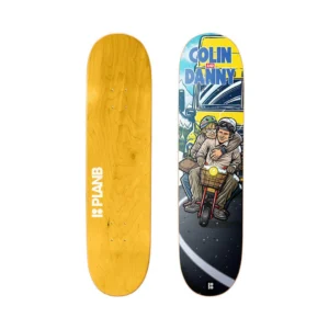 Two longboards side by side: left is plain maple with a white PLAN B logo; right has a colorful Colin and Danny motorcycle illustration.