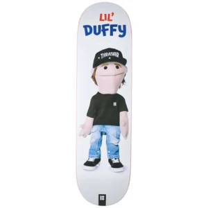 Skateboard deck featuring a plush Lil’ Duffy character wearing a black shirt and jeans, with 'LIL’ DUFFY' at the top.