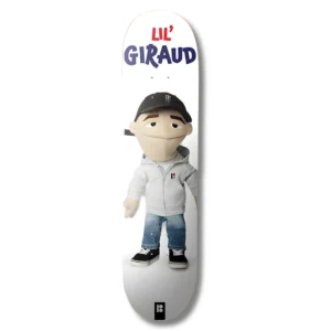 Skateboard deck featuring a cartoon plush figure wearing a gray hoodie, jeans, and black sneakers, with 'LIL' GIRAUD' branding at top.