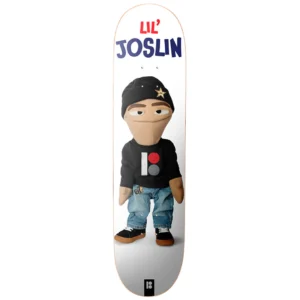 Skateboard deck featuring the Lil’ Joslin mascot in a black beanie, casual outfit, and sneakers, with the logo at the top center of the deck.