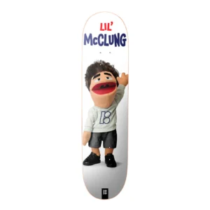 Skateboard deck with a large puppet character imitating a wave, and 'LIL' MCCLUNG' text at the top against a white background.