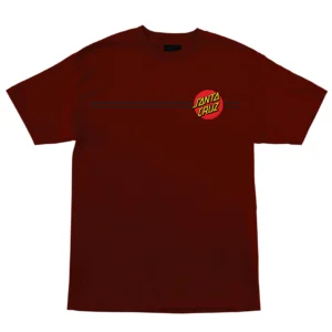 Maroon T-shirt with a small Santa Cruz circular logo on the chest and two black horizontal stripes across the front.