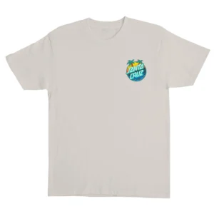 Beige T-shirt with a small circular Santa Cruz logo on the left chest, featuring palm trees and ocean waves.