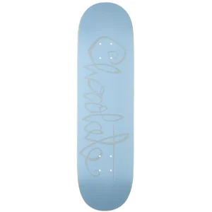 Blue gradient skateboard deck featuring a light gray, abstract graffiti-style drawing along its length.