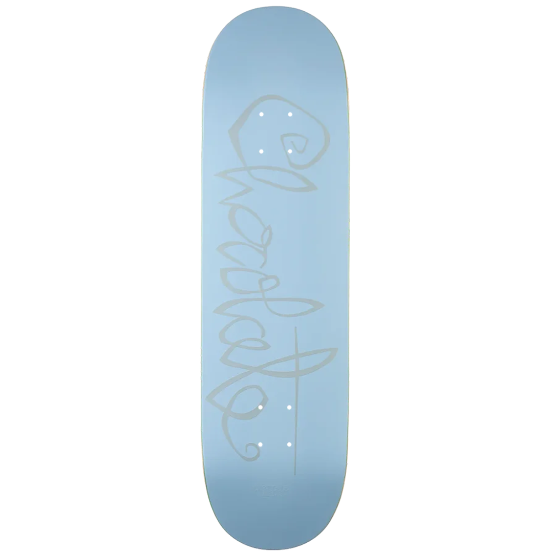 Blue gradient skateboard deck featuring a light gray, abstract graffiti-style drawing along its length.