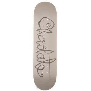 Beige skateboard deck with abstract cursive script running along its length.